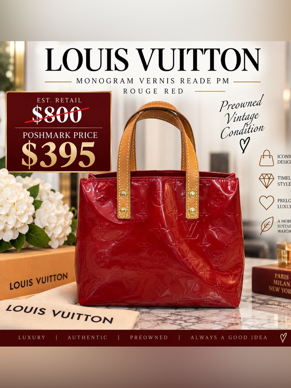 Louis Vuitton Rouge Red Monogram Vernis Reade PM Tote with Tan Handles